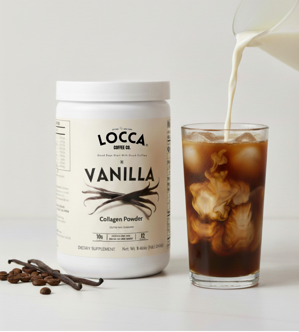Locca Vanilla Collagen Powder container with a glass of iced coffee and vanilla syrup being poured.